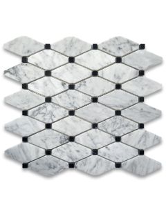 Carrara White Marble 1-3/4x3-1/2 Long Octave Rhomboid Mosaic Tile w/ Black Dots Honed