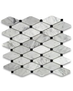 Carrara White Marble 1-3/4x3-1/2 Long Octave Rhomboid Mosaic Tile w/ Black Dots Polished