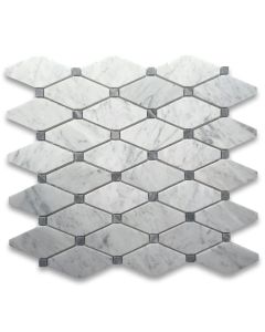 Carrara White Marble 1-3/4x3-1/2 Long Octave Rhomboid Mosaic Tile w/ Dark Gray Dots Honed