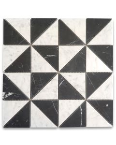 Carrara White and Nero Marquina Black Marble 3x3x4 Windmill Triangle Mosaic Tile Honed