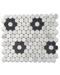 Carrara White Marble 1 inch Penny Round Rosette Mosaic Tile w/ Nero Marquina Black Honed