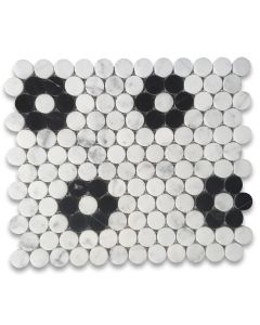 Carrara White Marble 1 inch Penny Round Rosette Mosaic Tile w/ Nero Marquina Black Polished