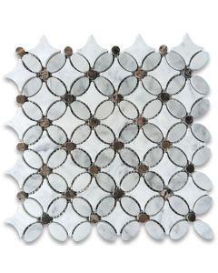 Carrara White Marble Chateau Flower Mosaic Tile w/ Emperador Dark Brown Dots Honed