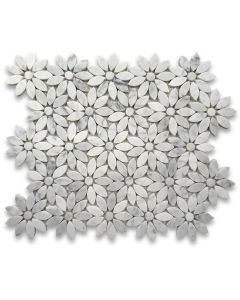 Carrara White Daisy Flower Pattern Mosaic Tile Honed