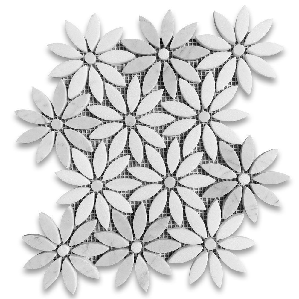Carrara White Thassos White Marble Daisy Field Flower Waterjet Mosaic Tile Polished