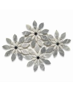 Carrara White Marble Wildflower Rain Flower Waterjet Mosaic Tile w/ Bardiglio & Nero Honed