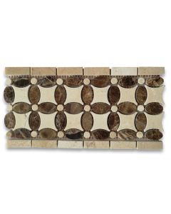 Emperador Dark Flower Mosaic Border Listello Tile w/ Crema Marfil Dots Polished