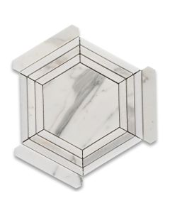 Calacatta Gold Marble 5 inch Hexagon Georama Geometric Mosaic Tile w/ Thassos White Strips Honed
