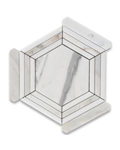 Calacatta Gold Marble 5 inch Hexagon Georama Geometric Mosaic Tile w/ Thassos White Strips Polished