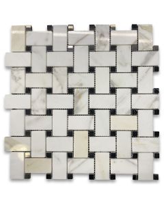 Calacatta Gold 1x2 Basketweave Mosaic Tile w/ Black Dots Polished