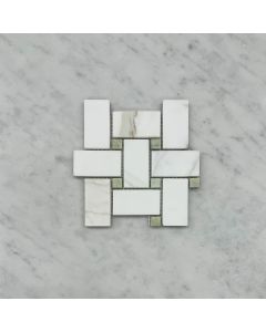 (Sample) Calacatta Gold Marble 1x2 Basketweave Mosaic Tile w/ Green Jade Dots Honed