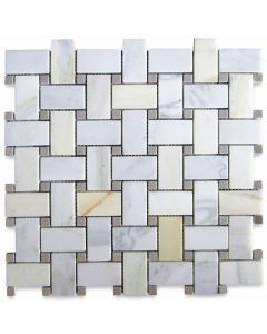Calacatta Gold 1x2 Basketweave Mosaic Tile w/ Gray Dots Honed