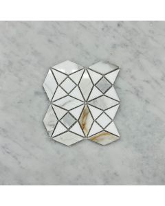 Calacatta Gold Marble Kaleidoscope Diamond Mosaic Tile w/ Thassos White Honed Polished