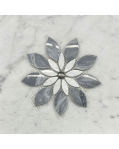 Bardiglio Gray Marble Wildflower Rain Flower Waterjet Mosaic Tile w/ Carrara & Nero Polished
