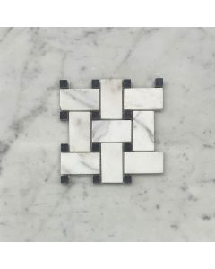 Statuary White Marble 1x2 Basketweave Mosaic Tile w/ Black Dots Honed