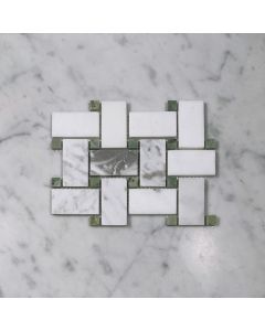 Statuary White Marble 1x2 Basketweave Mosaic Tile w/ Green Dots Honed