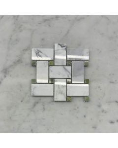 Statuary White Marble 1x2 Basketweave Mosaic Tile w/ Green Dots Polished
