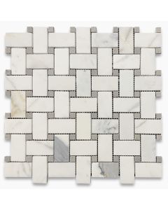 Statuary White Marble 1x2 Basketweave Mosaic Tile w/ Gray Dots Honed