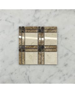 Crema Marfil Marble Plaid Tartan Mosaic Tile w/ Emperador Brown Polished