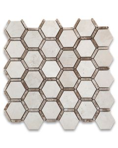 Crema Marfil Marble 2 inch Hexagon Mosaic Tile w/ Emperador Light Strips Polished