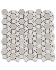 Crema Marfil Marble 1-1/2 inch Hexagon Sunflower Ring Waterjet Mosaic Tile w/ Thassos White Polished