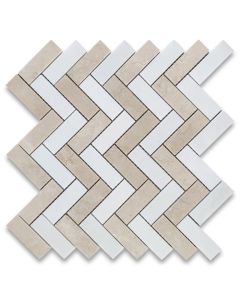 Crema Marfil Marble 1x3 Herringbone Mosaic Tile w/ Thassos White Polished