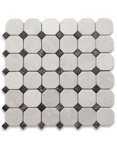 Crema Marfil Marble 2 inch Octagon Mosaic Tile w/ Emperador Dark Dots Tumbled