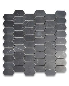 Nero Marquina Black Marble 1x2 Hive Picket Constellation Long Hexagon Mosaic Tile Honed