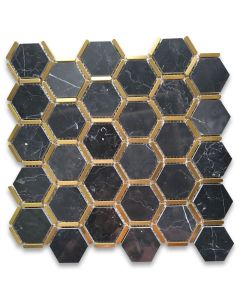 Nero Marquina Black Marble 2 inch Hexagon Mosaic Tile w/?Brass Strips Polished