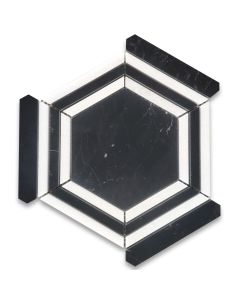 Nero Marquina Black Marble 5 inch Hexagon Georama Geometric Mosaic Tile w/ Thassos White Strips Honed