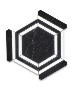 Nero Marquina Black Marble 5 inch Hexagon Georama Geometric Mosaic Tile w/ Thassos White Strips Polished