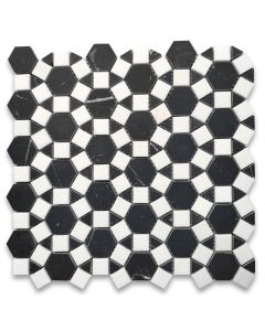 Nero Marquina Black Marble 1-1/2 inch Hexagon Sunflower Ring Waterjet Mosaic Tile w/ Thassos White Marble Honed