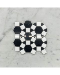 Nero Marquina Black Marble 1-1/2 inch Hexagon Sunflower Ring Waterjet Mosaic Tile w/ Thassos White Marble Polished