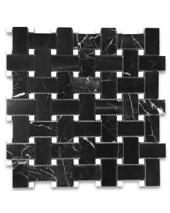 Nero Marquina 1x2 Basketweave Mosaic Tile w/ Carrara White Dots Polished