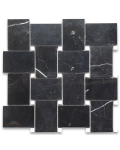 Nero Marquina Black Marble Large Basketweave Mosaic Tile w/ Thassos White Dots Polished