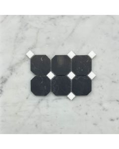 Nero Marquina Black Marble 2 inch Octagon Mosaic Tile w/ Thassos White Dots Honed