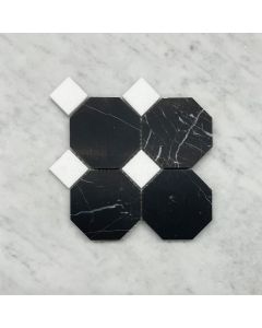 Nero Marquina Black Marble 3 inch Octagon Mosaic Tile w/ Thassos White Dots Honed