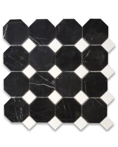 Nero Marquina Black Marble 3 inch Octagon Mosaic Tile w/ Thassos White Dots Polished