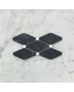 Nero Marquina Black Marble Lozenge Long Octave Rhomboid Chipped Diamond Mosaic Tile w/ Thassos White Dots Honed