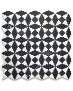 Nero Marquina Black Marble Kaleidoscope Diamond Mosaic Tile w/ Thassos White Honed