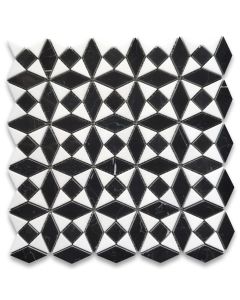 Nero Marquina Black Marble Kaleidoscope Diamond Mosaic Tile w/ Thassos White Polished