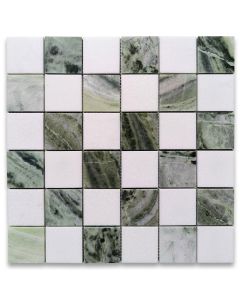 Sagano Vibrant Green Thassos White Marble 2x2 Checkerboard Mosaic Tile Honed