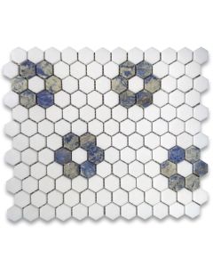 Thassos White Marble 1 inch Hexagon Rosette Mosaic Tile w/ Azul Macaubas Blue Honed