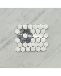 Thassos White Marble 1 inch Hexagon Rosette Mosaic Tile w/ Azul Macaubas Blue Polished