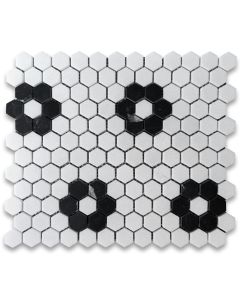 Thassos White Marble 1 inch Hexagon Rosette Mosaic Tile w/ Nero Marquina Black Honed