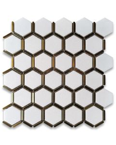 Thassos White Marble 2 inch Hexagon Mosaic Tile w/ Brass Strips Honed