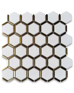 Thassos White Marble 2 inch Hexagon Mosaic Tile w/ Brass Strips Polished