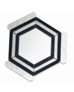 Thassos White Marble 5 inch Hexagon Georama Geometric Mosaic Tile w/ Nero Marquina Black Carrara White Strips Polished