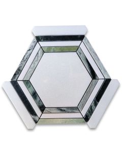 Thassos White Marble 5 inch Hexagon Georama Geometric Mosaic Tile w/ Sagano Vibrant Green Strips Polished