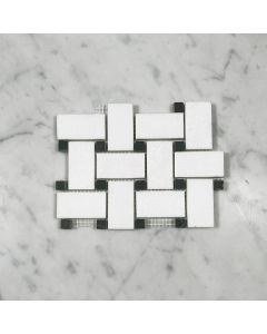 (Sample) Thassos White Marble 1x2 Basketweave Mosaic Tile w/ Nero Marquina Black Dots Honed